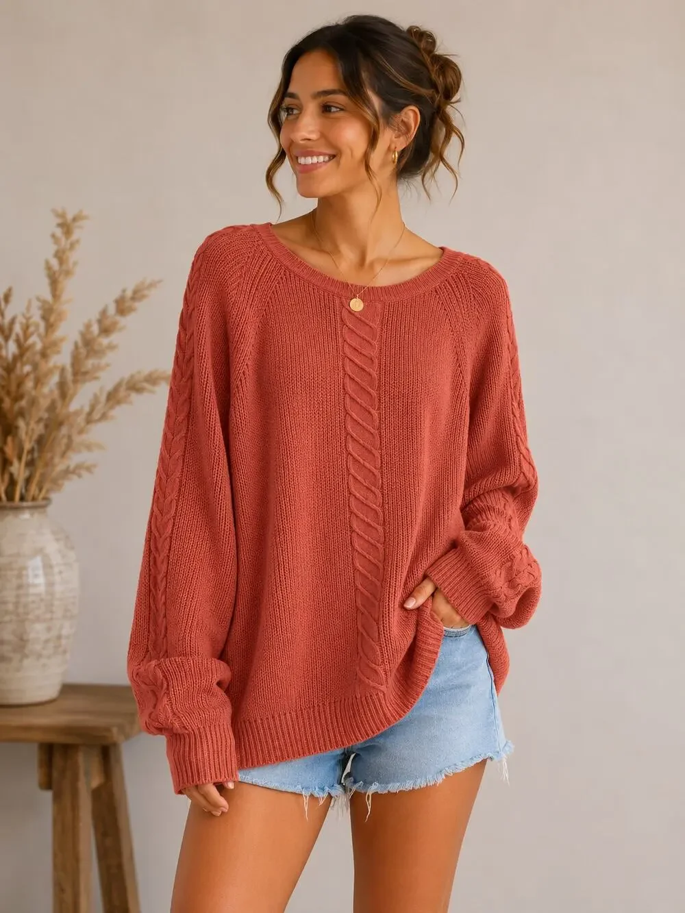 LC Lauren Conrad XL Rust Cable Knit Oversized Sweater Cotton Blend